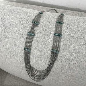 Long silver necklace. Turquoise beads